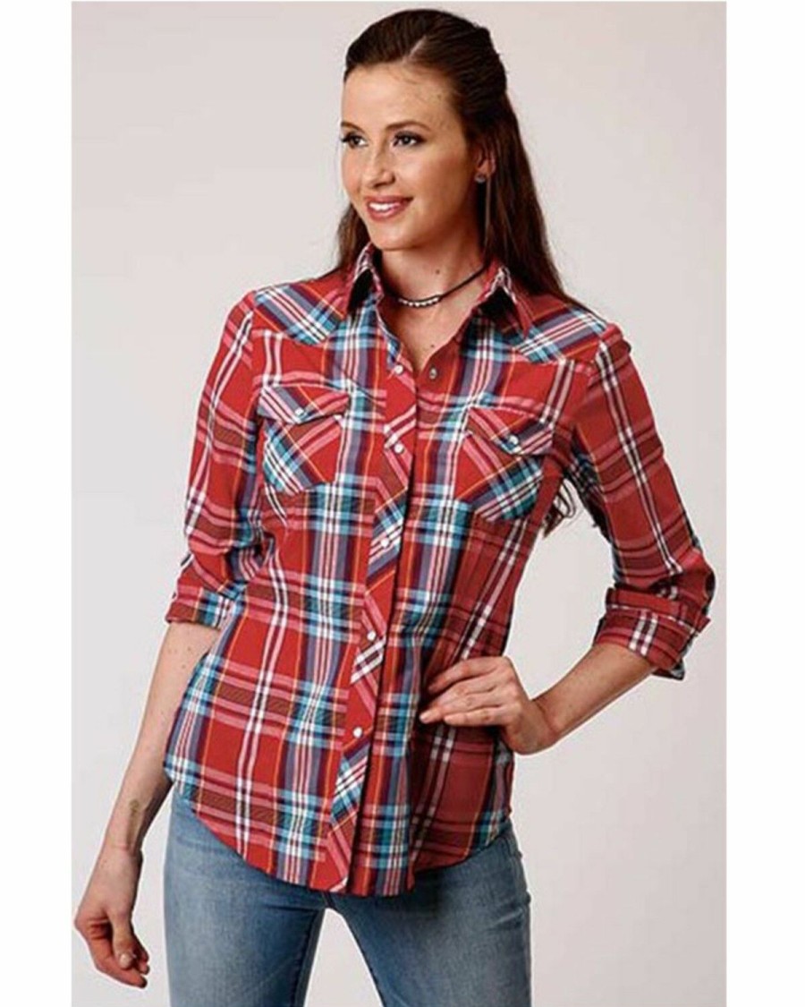 Western Shirt * | Roper Women'S Warm Red Plaid Long Sleeve Snap Western Shirt Outlet