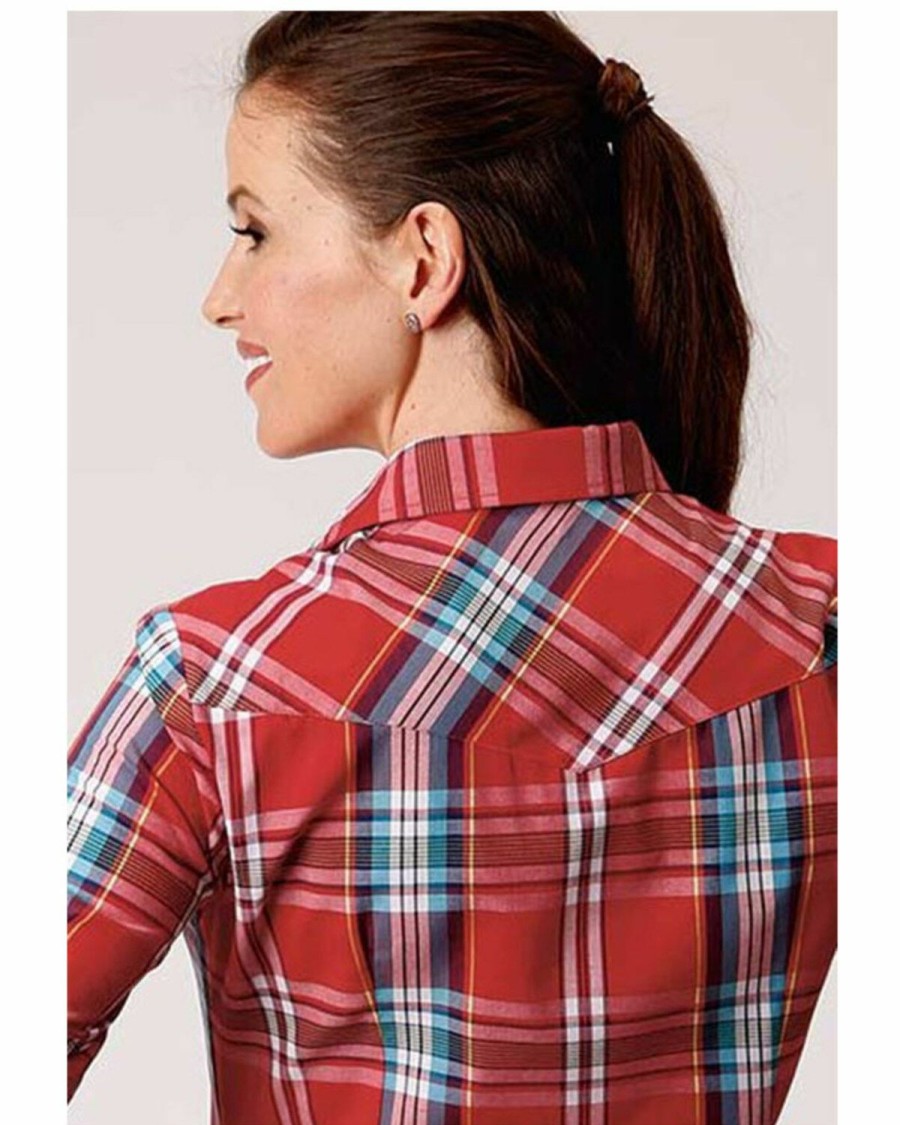 Western Shirt * | Roper Women'S Warm Red Plaid Long Sleeve Snap Western Shirt Outlet