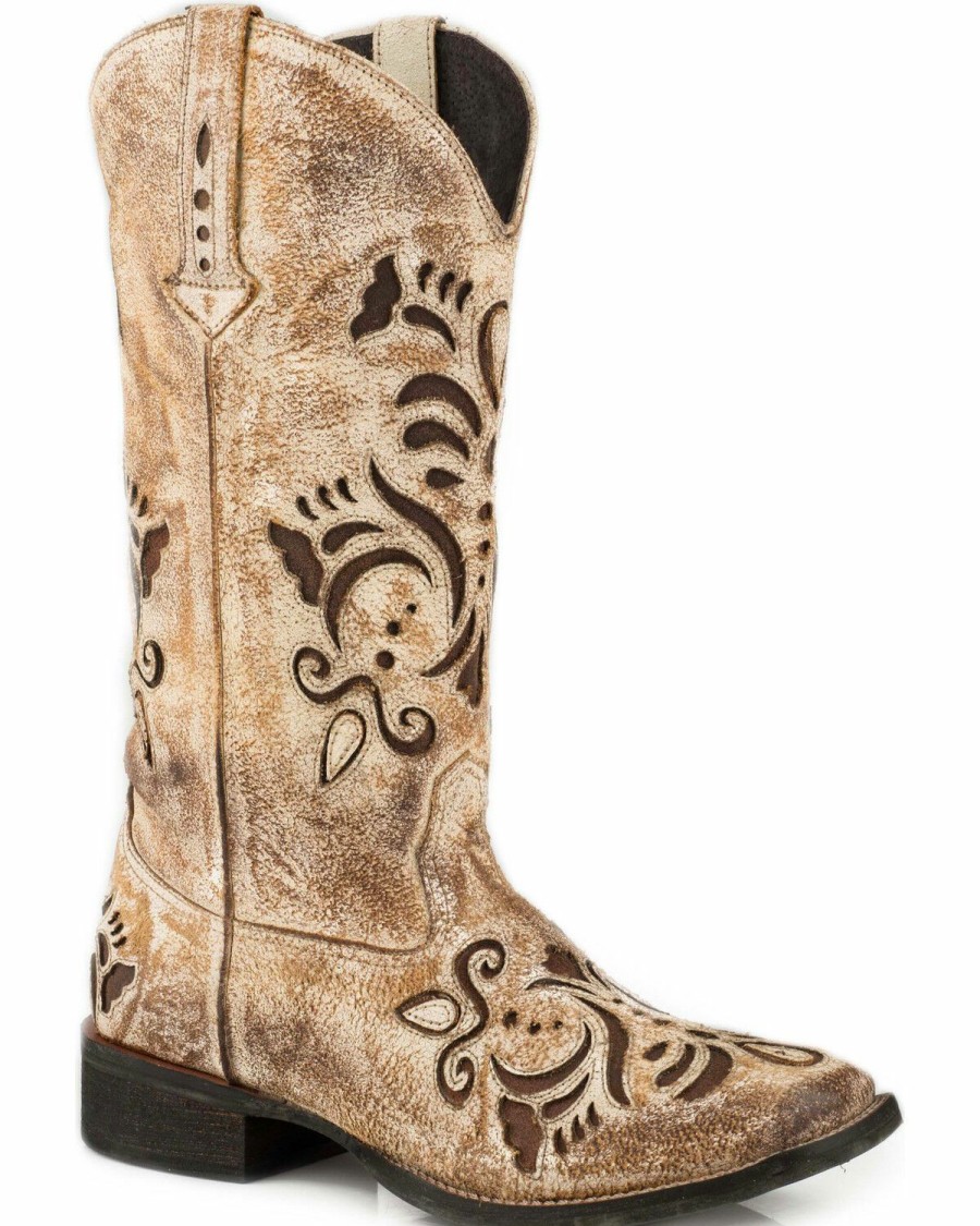 Boots * | Roper Women'S Belle Tan Antiqued Brushed Suede Cowgirl Boots Square Toe Discount