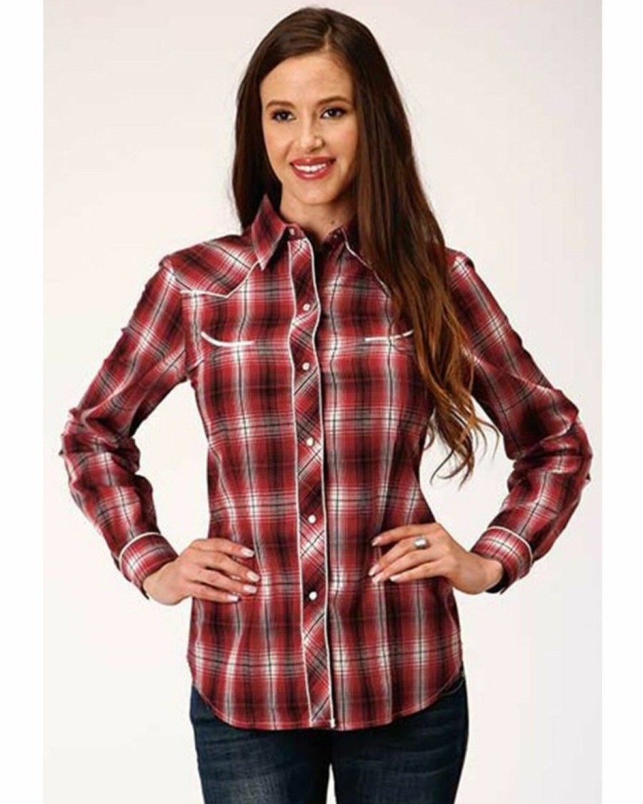 Clothing * | Roper Women'S Plaid Print Contrast Piping Long Sleeve Western Snap Shirt Discount