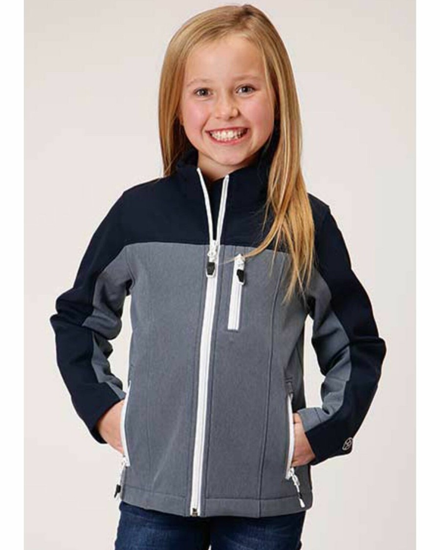 Clothing * | Roper Girls' Long Sleeve Navy & Grey Fleece Pullover Jacket Discount