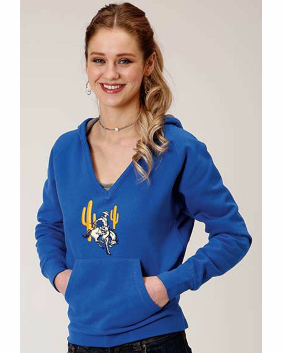 Clothing * | Roper Women'S Blue Hooded Bronco Rider & Cactus Pullover Sweatshirt Discount