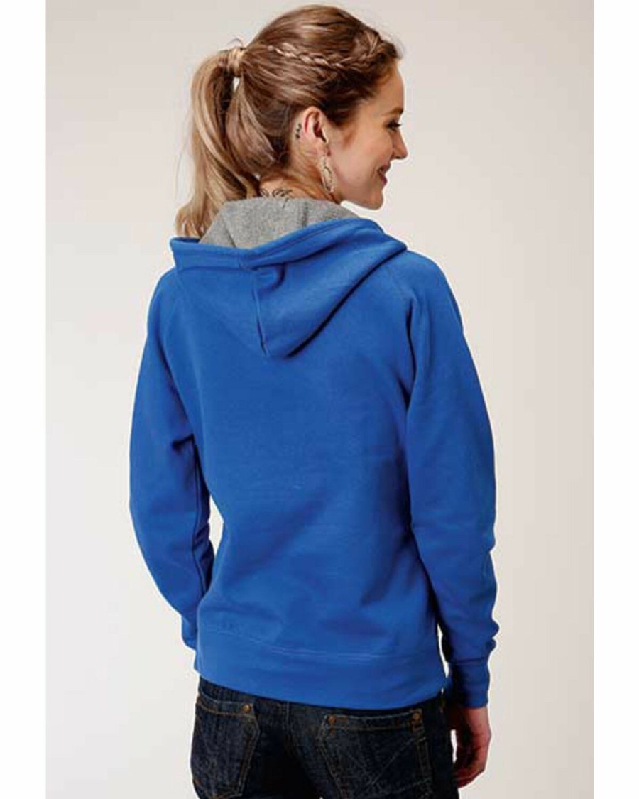 Clothing * | Roper Women'S Blue Hooded Bronco Rider & Cactus Pullover Sweatshirt Discount