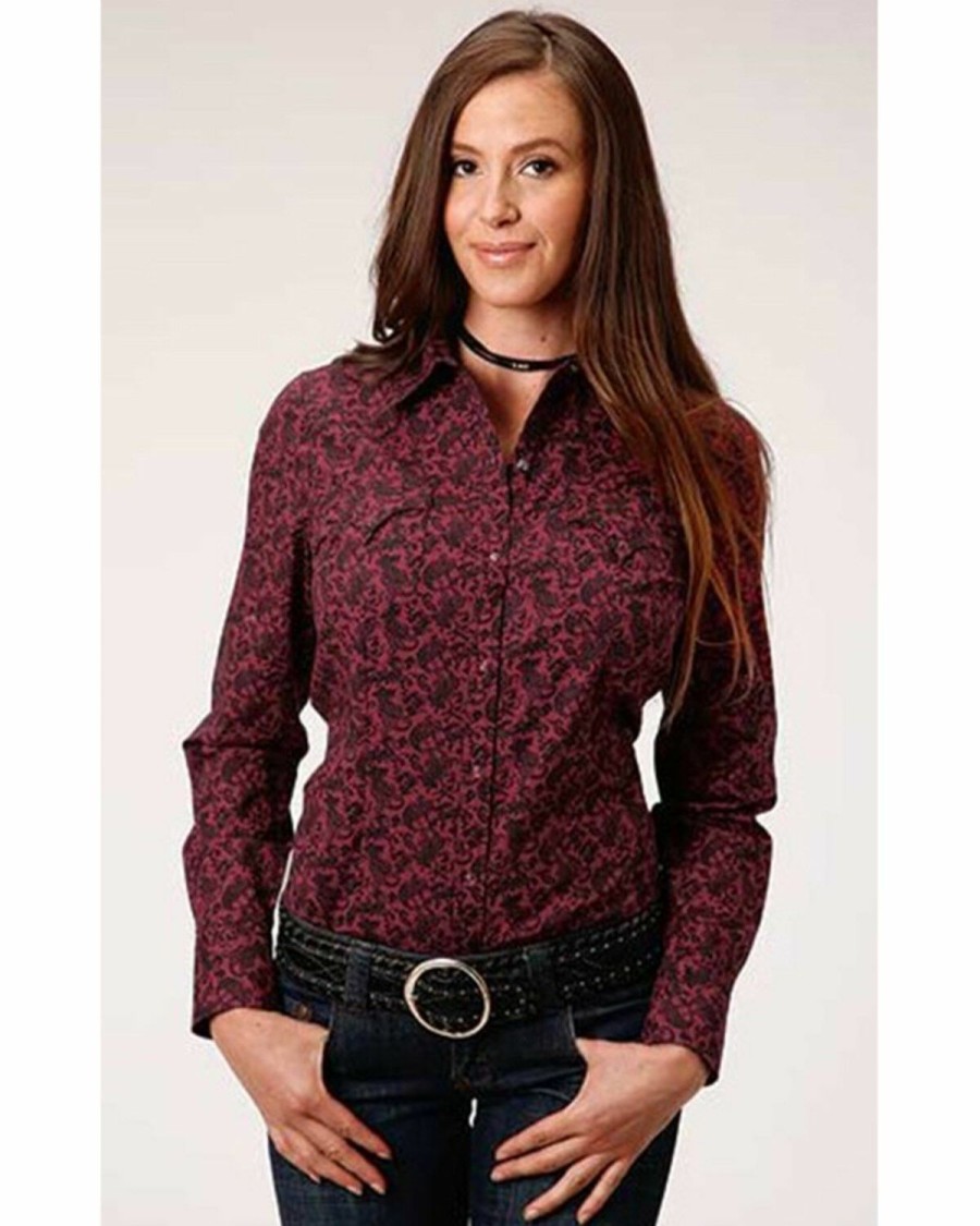 Western Shirt * | West Made Women'S Wine Burgundy Paisley Long Sleeve Western Shirt Roper Limited Edition