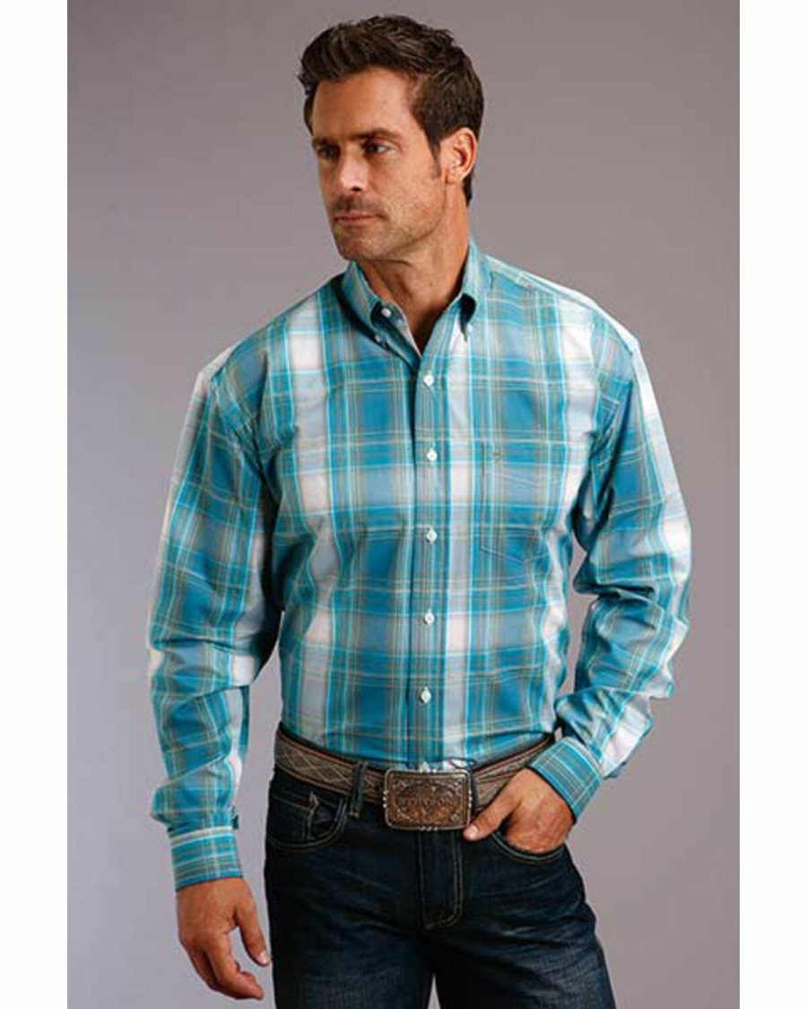 Western Shirt * | Stetson Men'S Teal Plaid Button Long Sleeve Western Shirt Roper Discount