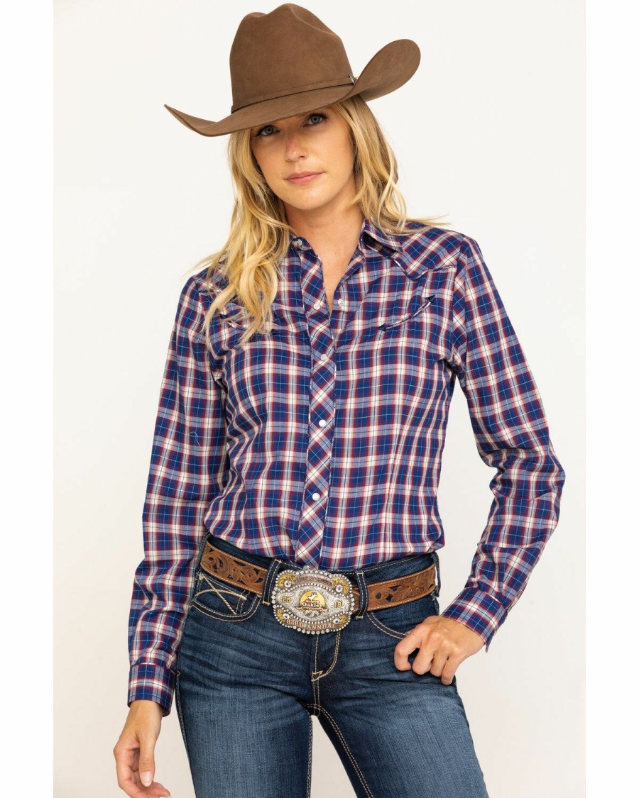 Western Shirt * | Karman Women'S Plaid Rose Embroidered Long Sleeve Western Shirt Roper Sale