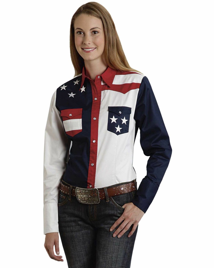 Western Shirt * | Roper Women'S Stars & Stripes Colorblock Western Shirt Outlet