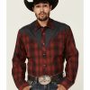 Western Shirt * | Roper Men'S Red & Charcoal Plaid Fancy Applique Embroidered Long Sleeve Snap Western Shirt Online