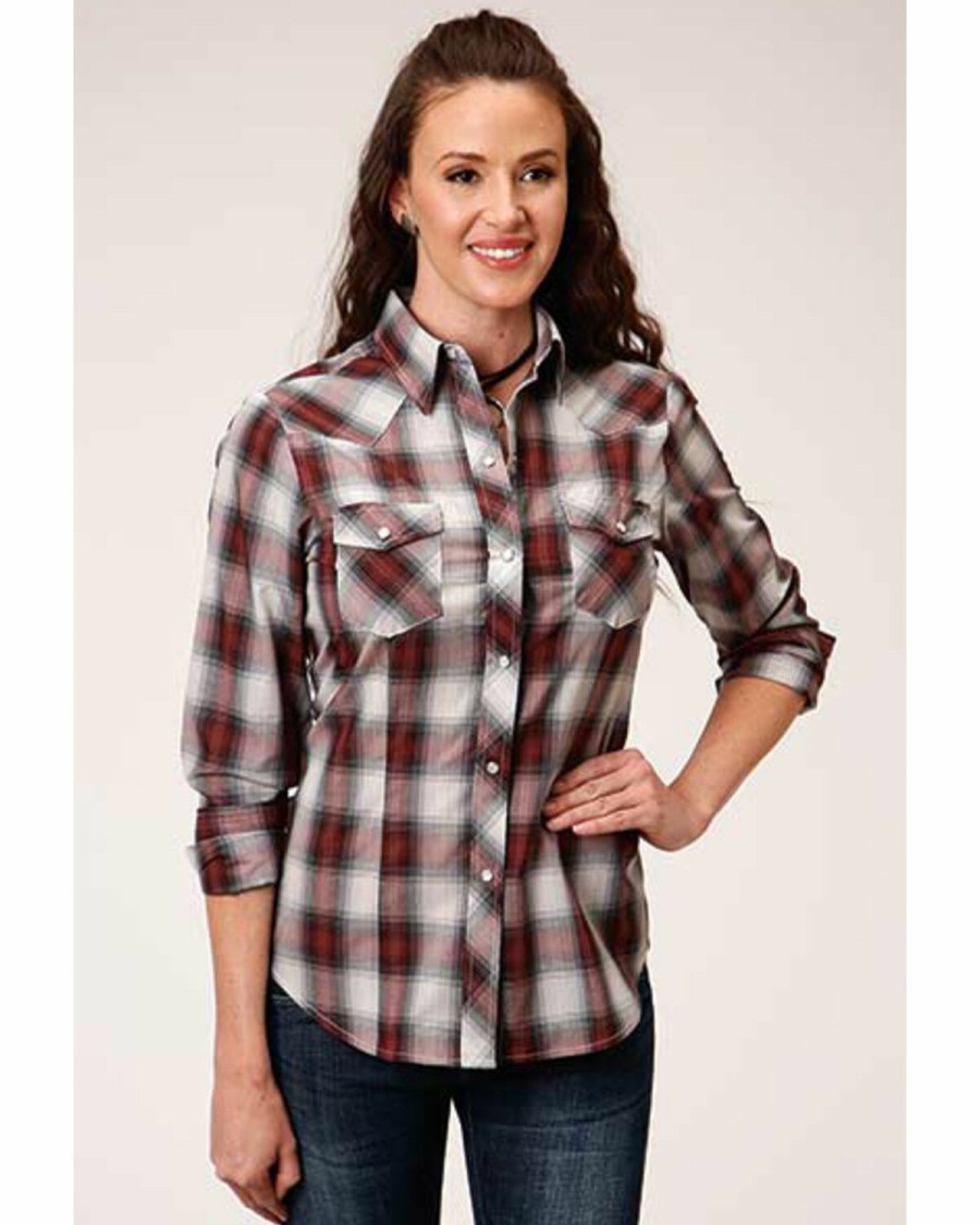 Clothing * | Roper Women'S Long Sleeve Red & Cream Plaid Snap Shirt Discount