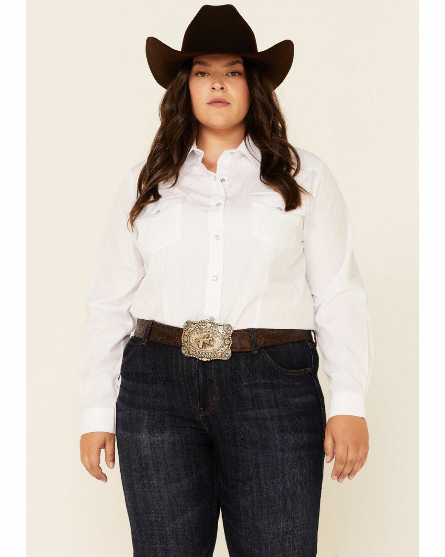 Western Shirt * | Roper Women'S White Tone-On-Tone Solid Long Sleeve Snap Western Shirt Plus Online