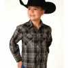 Clothing * | Roper Boys' Long Sleeve Black & Cream Plaid Snap Shirt Outlet