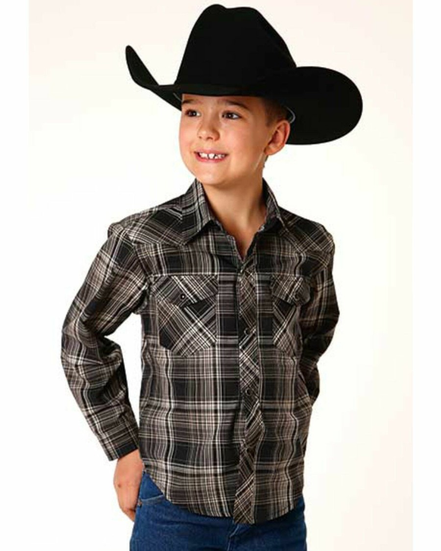 Clothing * | Roper Boys' Long Sleeve Black & Cream Plaid Snap Shirt Outlet