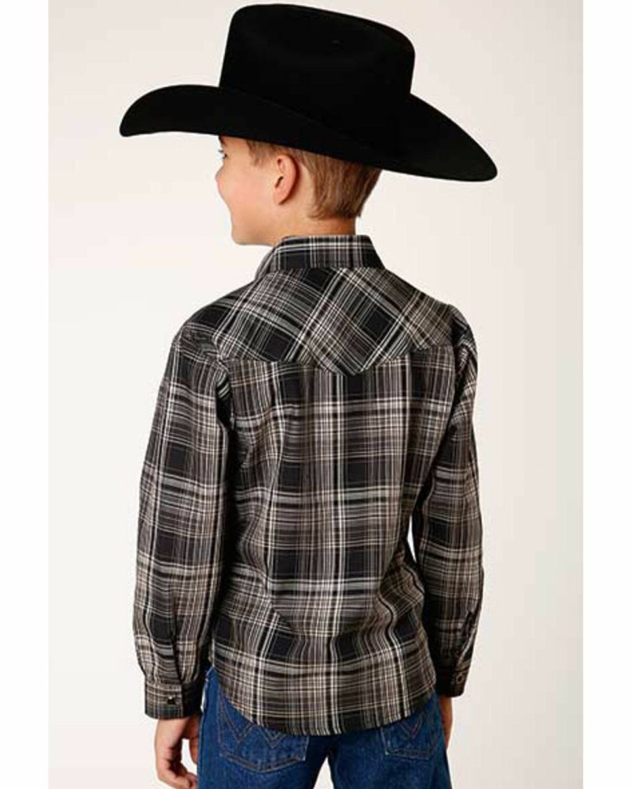 Clothing * | Roper Boys' Long Sleeve Black & Cream Plaid Snap Shirt Outlet