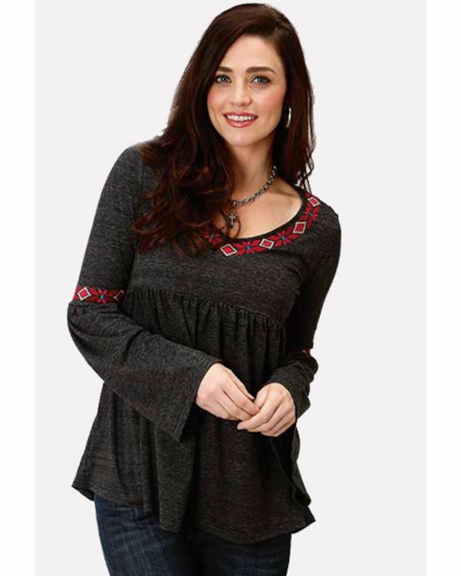 Clothing * | Studio West Women'S Bell Sleeve Embroidered Top Roper Limited Edition