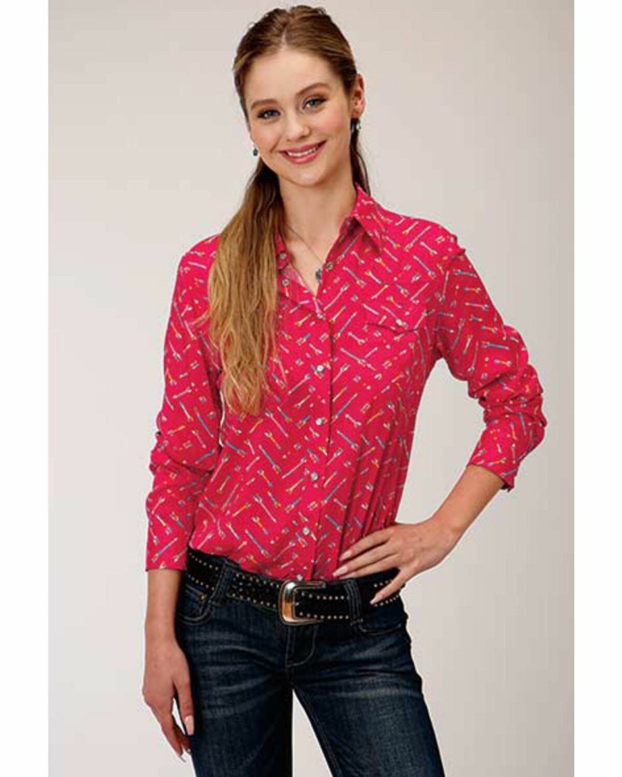 Clothing * | Roper Women'S Pink Arrow Print Long Sleeve Snap Western Core Shirt Online