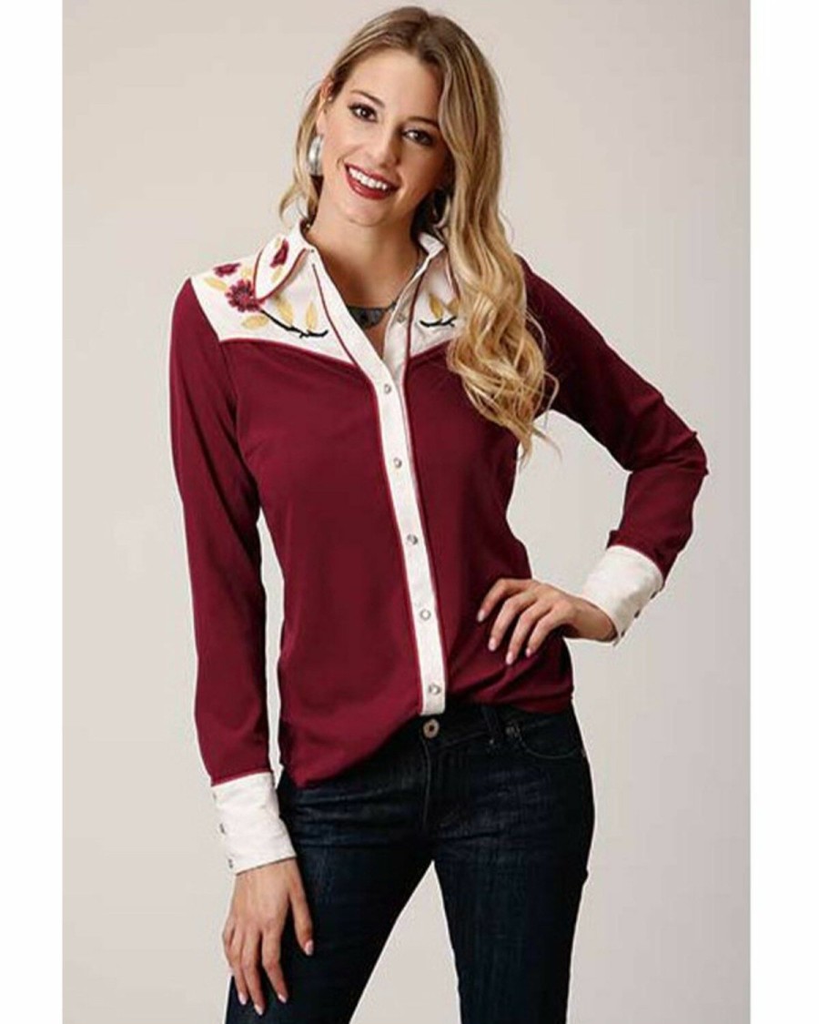 Western Shirt * | Studio West Women'S Red Vintage Floral Embroidered Long Sleeve Western Shirt Roper Limited Edition