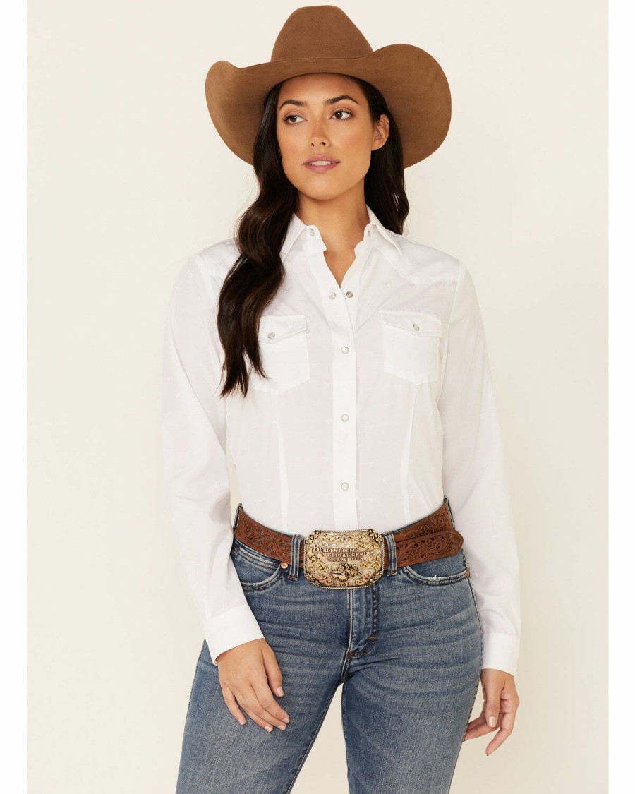 Western Shirt * | Roper Women'S White Tone-On-Tone Solid Long Sleeve Snap Western Shirt Sale