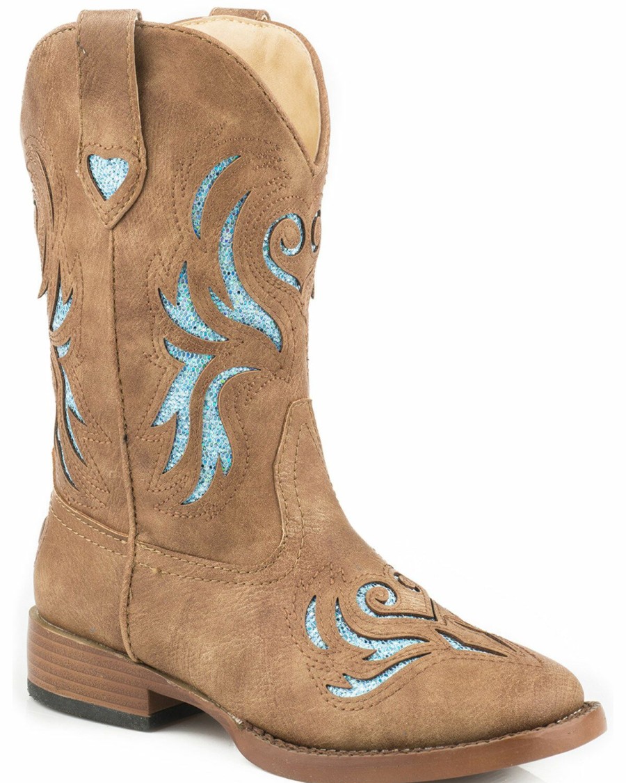 Boots * | Roper Girls' Tan And Turquoise Glitter Breeze Cowgirl Boots Square Toe Limited Edition