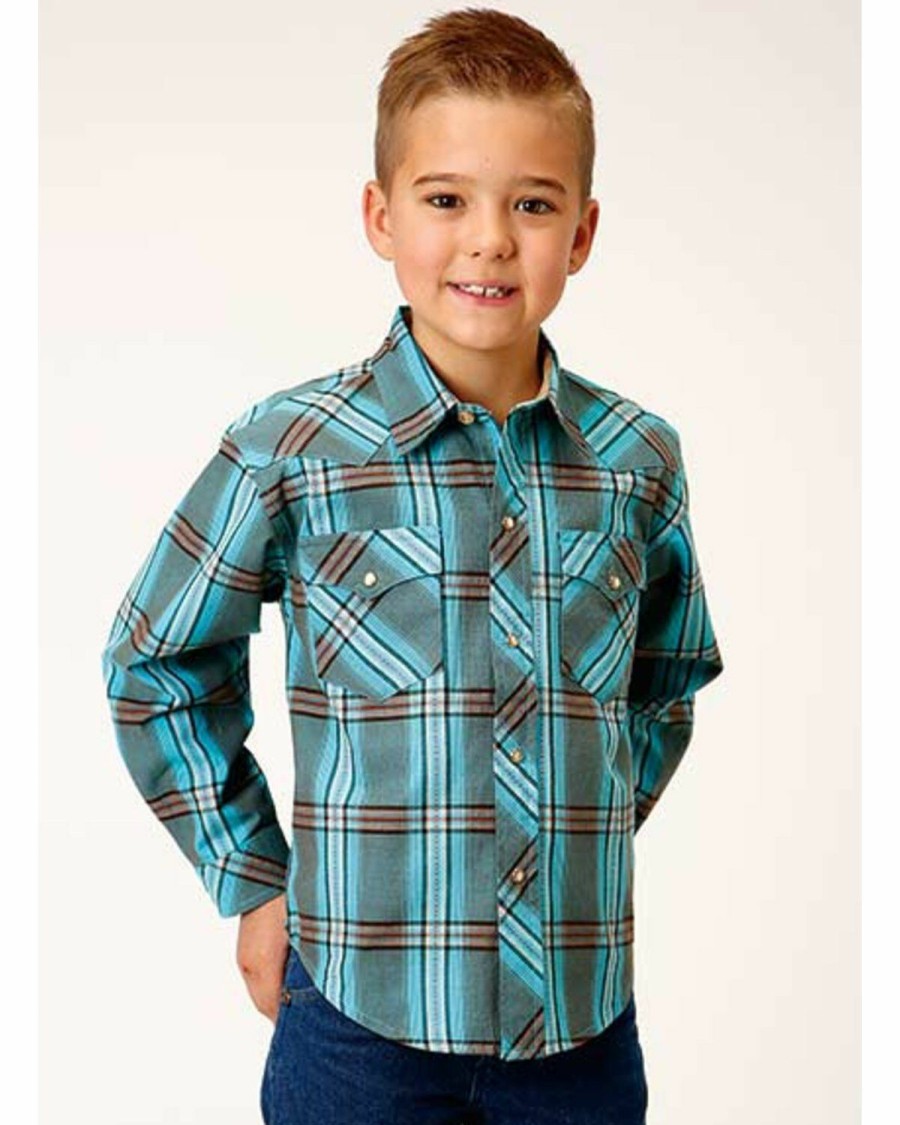 Clothing * | Roper Boys' Blue Turquoise Plaid Long Sleeve Snap Shirt Sale