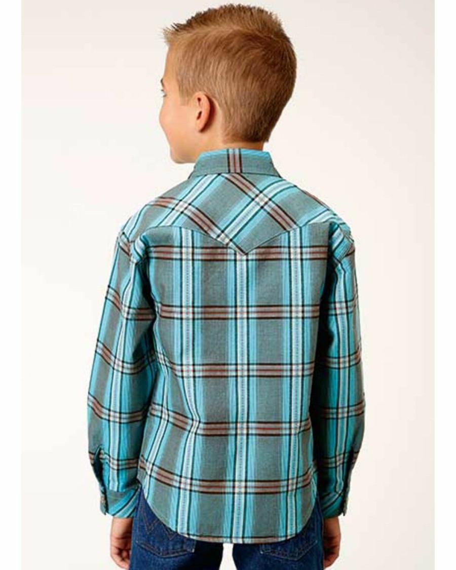 Clothing * | Roper Boys' Blue Turquoise Plaid Long Sleeve Snap Shirt Sale