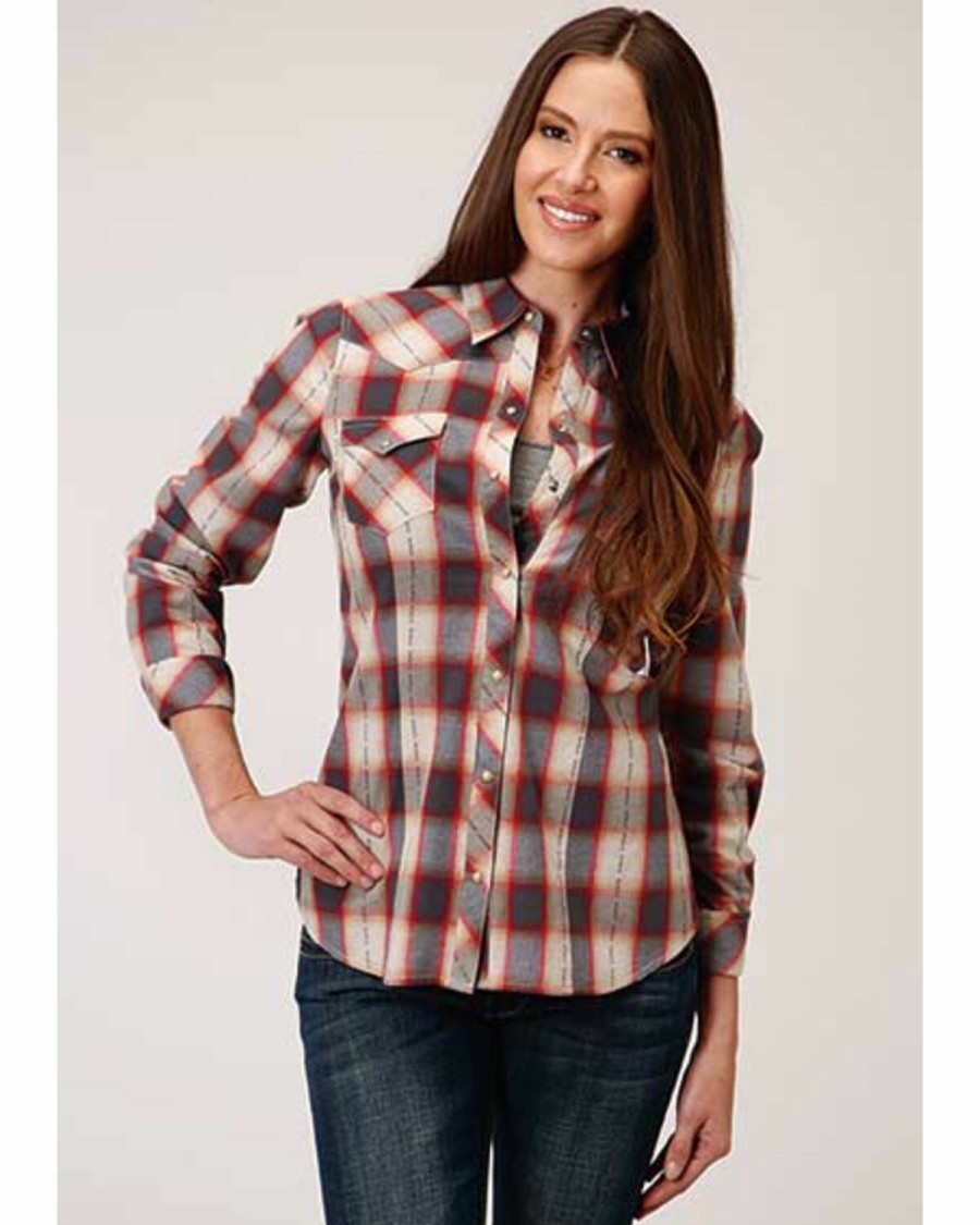 Clothing * | Roper Women'S Red & Charcoal Dobby Plaid Long Sleeve Snap Western Core Shirt Plus Online