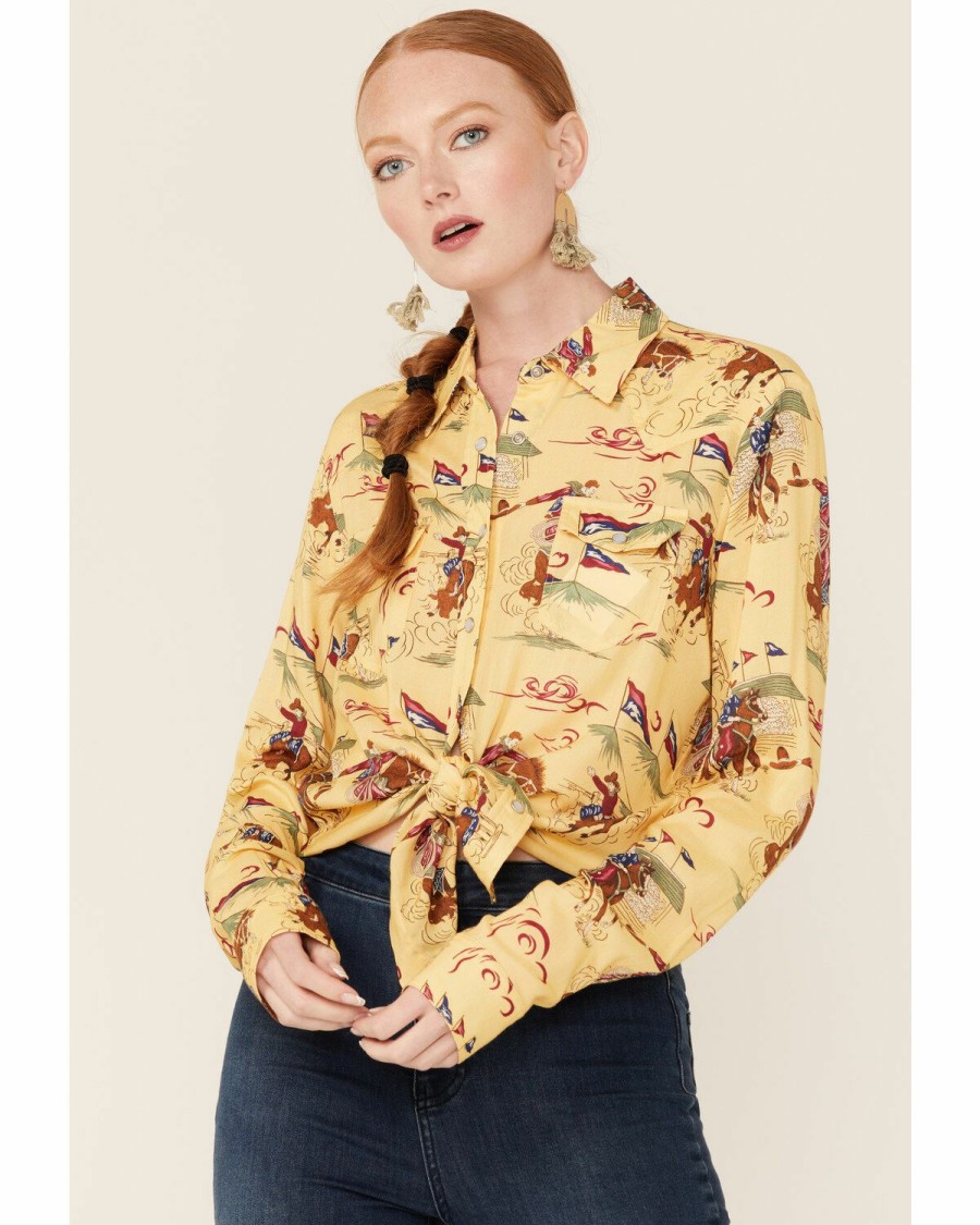 Clothing * | Roper Women'S Retro Rodeo Print Yellow Western Snap Shirt Sale