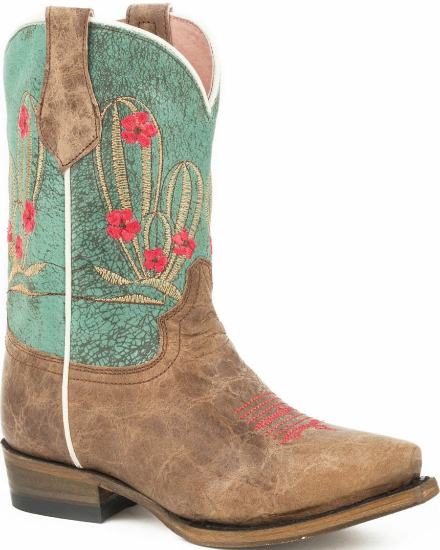 Boots * | Roper Girls' Cactus Cutie Burnished Brown/Turquoise Cowgirl Boots Snip Toe Discount