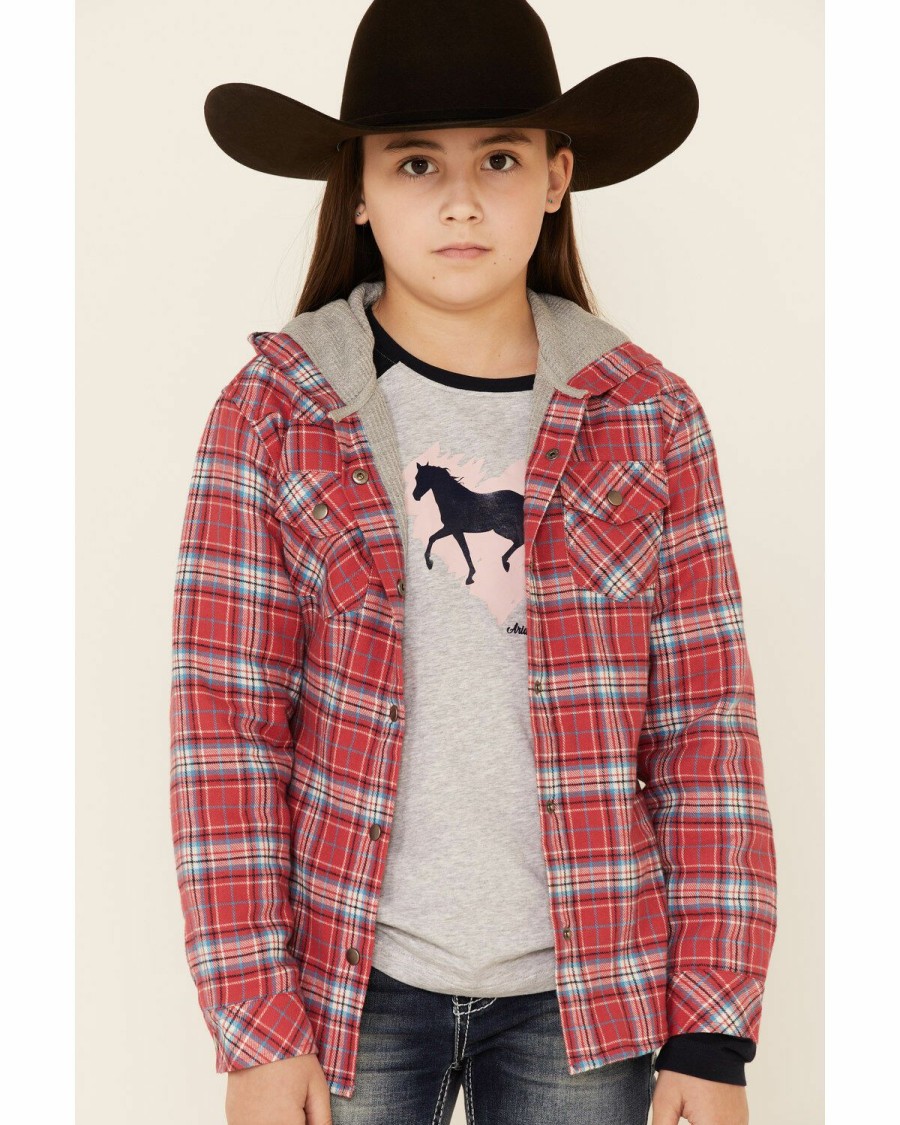 Clothing * | Roper Girls' Red Plaid Flannel Snap Hooded Shirt Jacket Sale