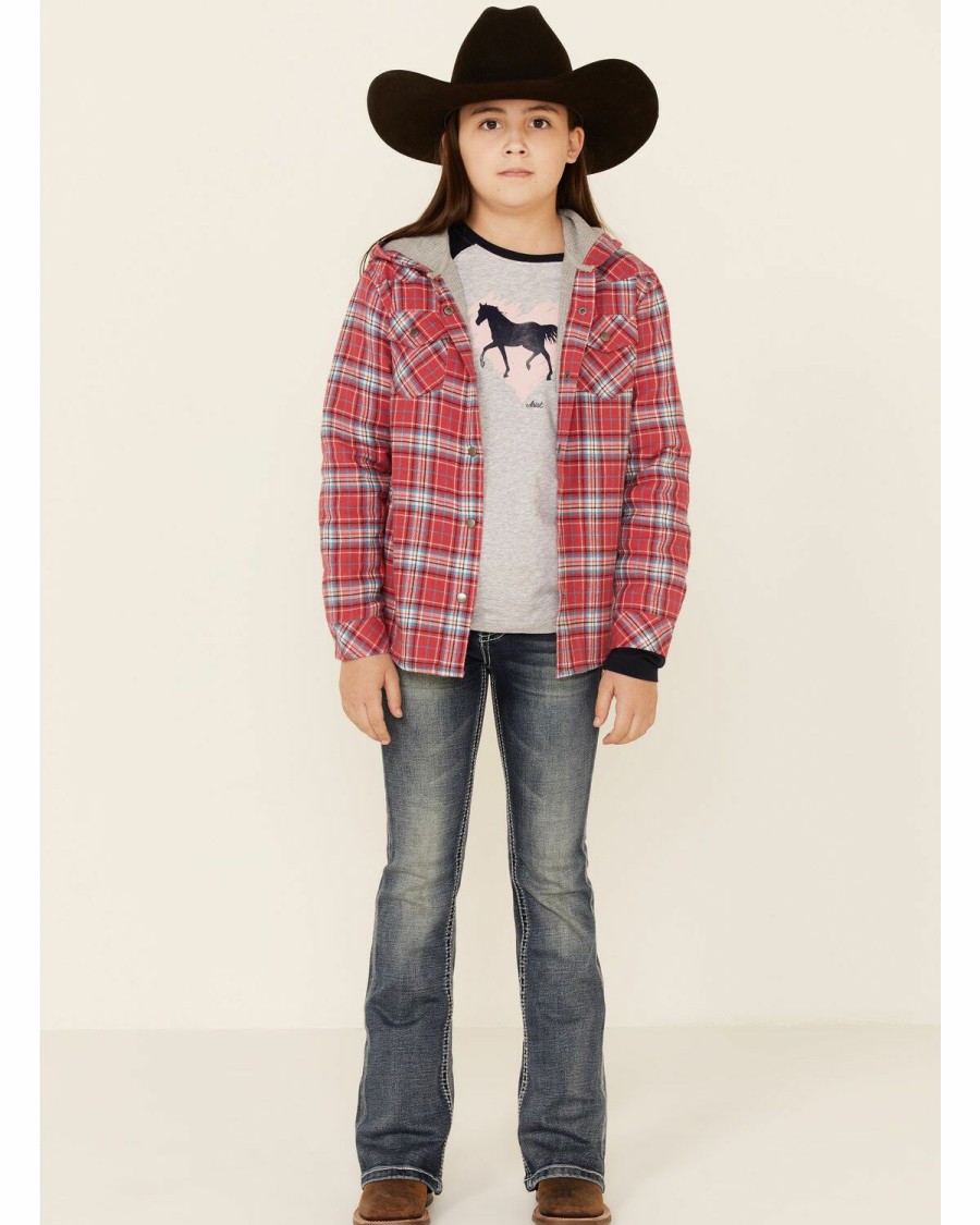 Clothing * | Roper Girls' Red Plaid Flannel Snap Hooded Shirt Jacket Sale