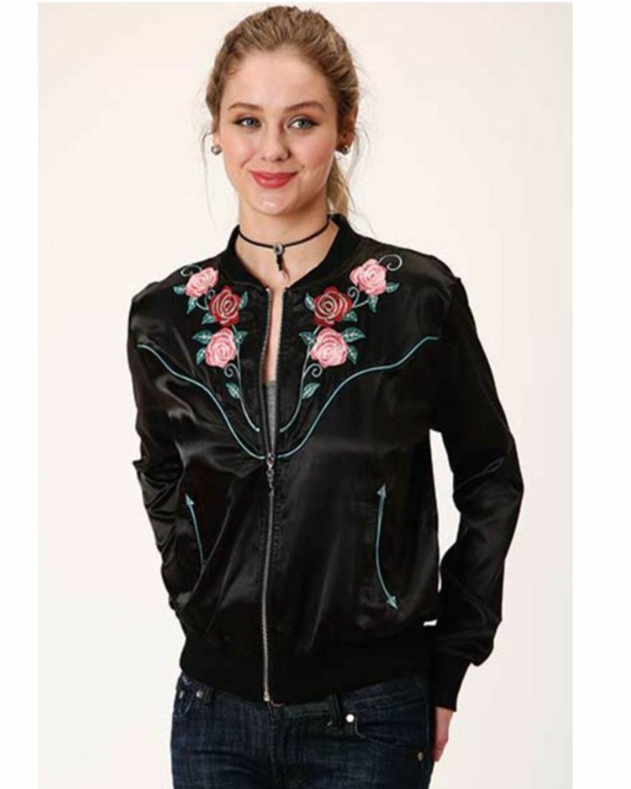 Clothing * | Roper Women'S Black Satin Floral Embroidered Bomber Jacket Sale