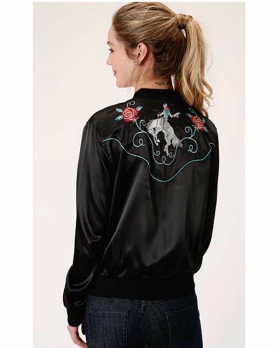 Clothing * | Roper Women'S Black Satin Floral Embroidered Bomber Jacket Sale