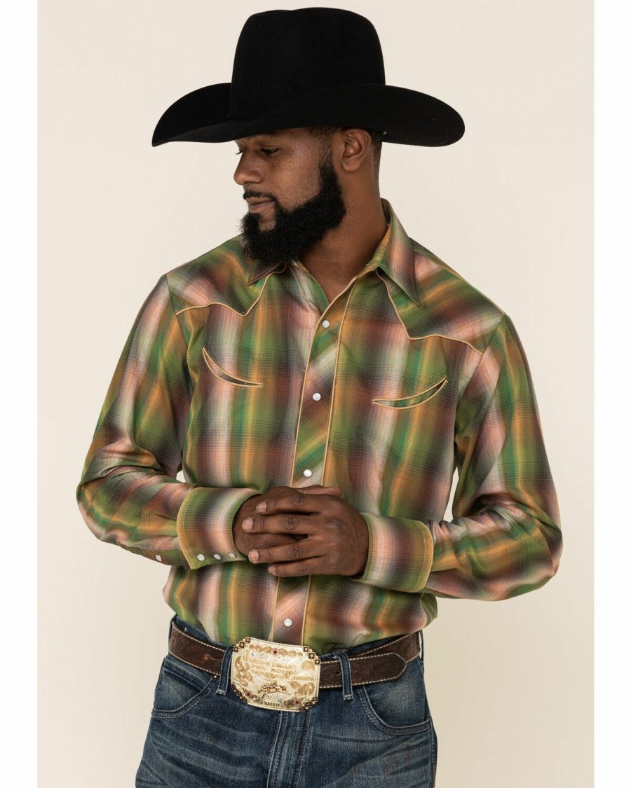 Western Shirt * | Roper Men'S Green Ombre Plaid Fancy Yoke Long Sleeve Western Shirt Discount