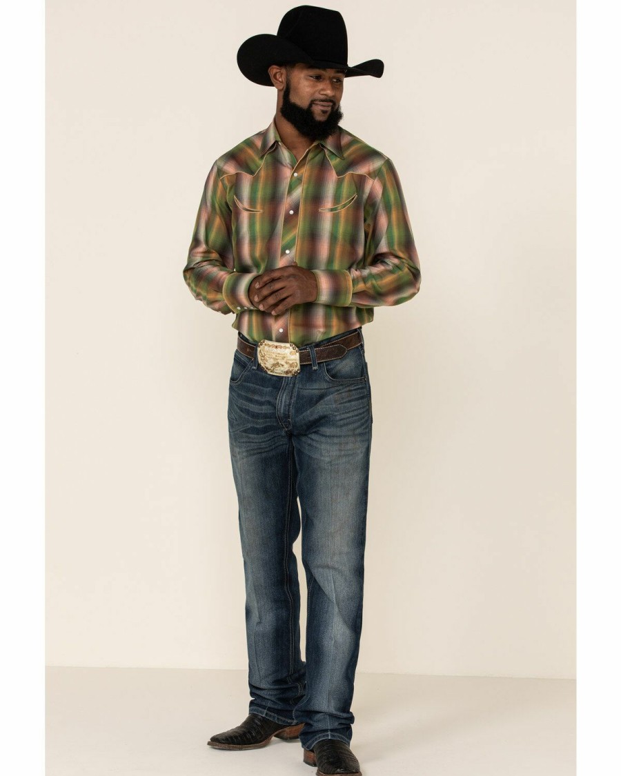 Western Shirt * | Roper Men'S Green Ombre Plaid Fancy Yoke Long Sleeve Western Shirt Discount