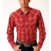 Western Shirt * | Roper Men'S Red Plaid Southwestern Embroidered Long Sleeve Western Shirt Outlet