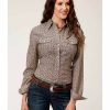 Clothing * | Roper Women'S Brown & Cream Floral Print Long Sleeve Snap Western Core Shirt Outlet