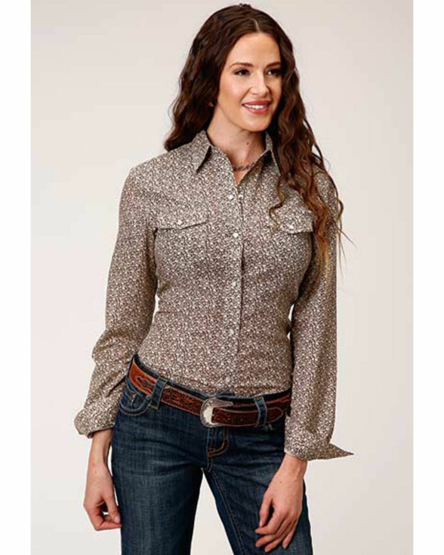 Clothing * | Roper Women'S Brown & Cream Floral Print Long Sleeve Snap Western Core Shirt Outlet