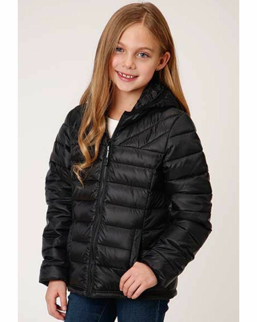 Clothing * | Roper Girls' Solid Black Crushable Parachute Zip-Front Hooded Nylon Jacket Outlet