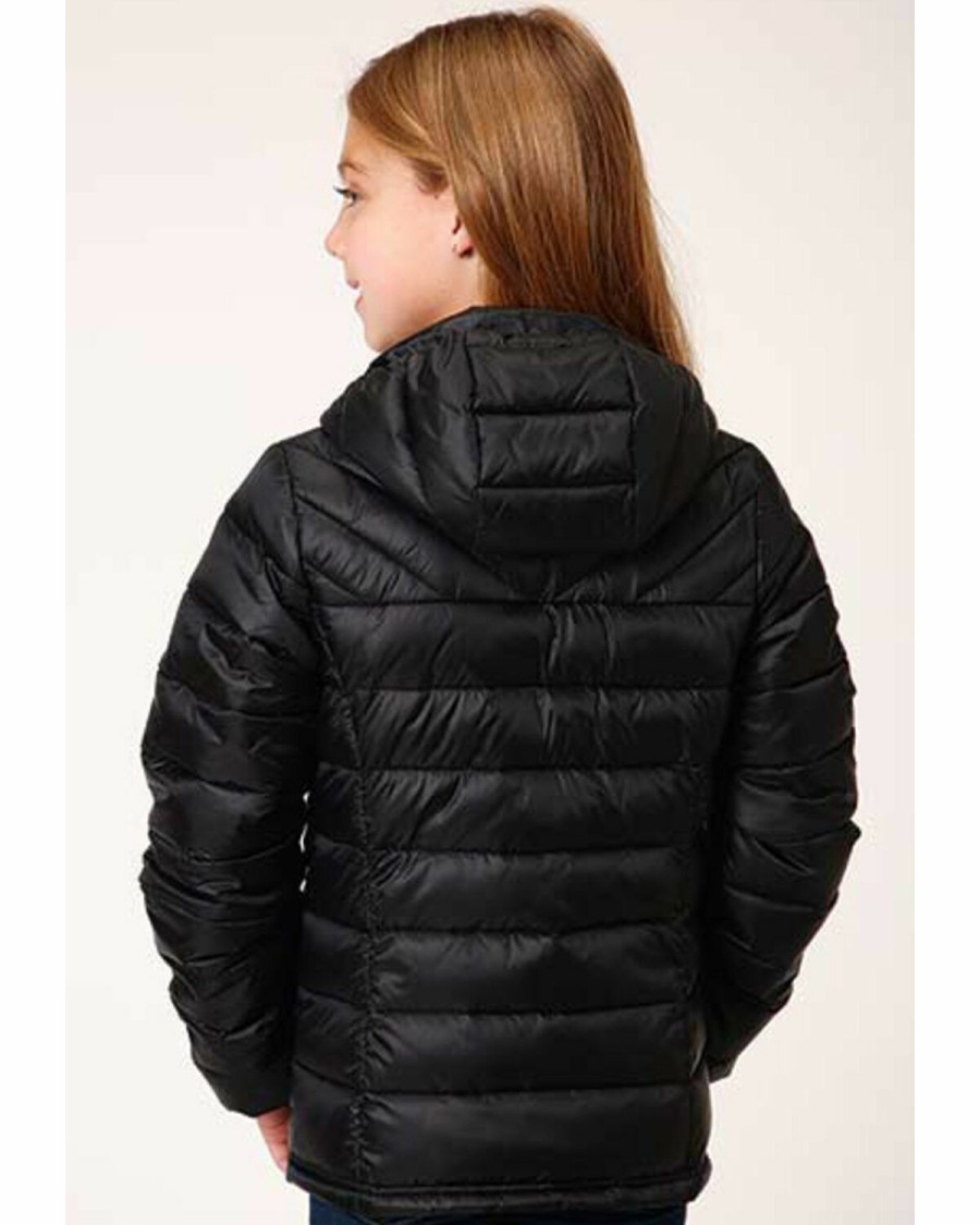 Clothing * | Roper Girls' Solid Black Crushable Parachute Zip-Front Hooded Nylon Jacket Outlet