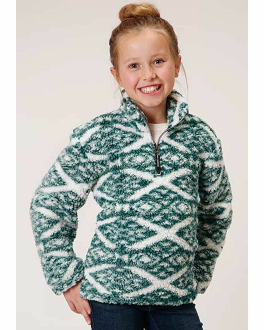 Clothing * | Roper Girls' Green & White Southwestern Print Polar Fleece Pullover Outlet