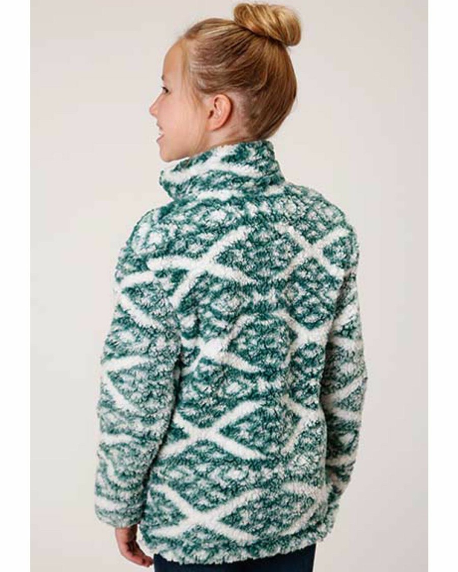 Clothing * | Roper Girls' Green & White Southwestern Print Polar Fleece Pullover Outlet