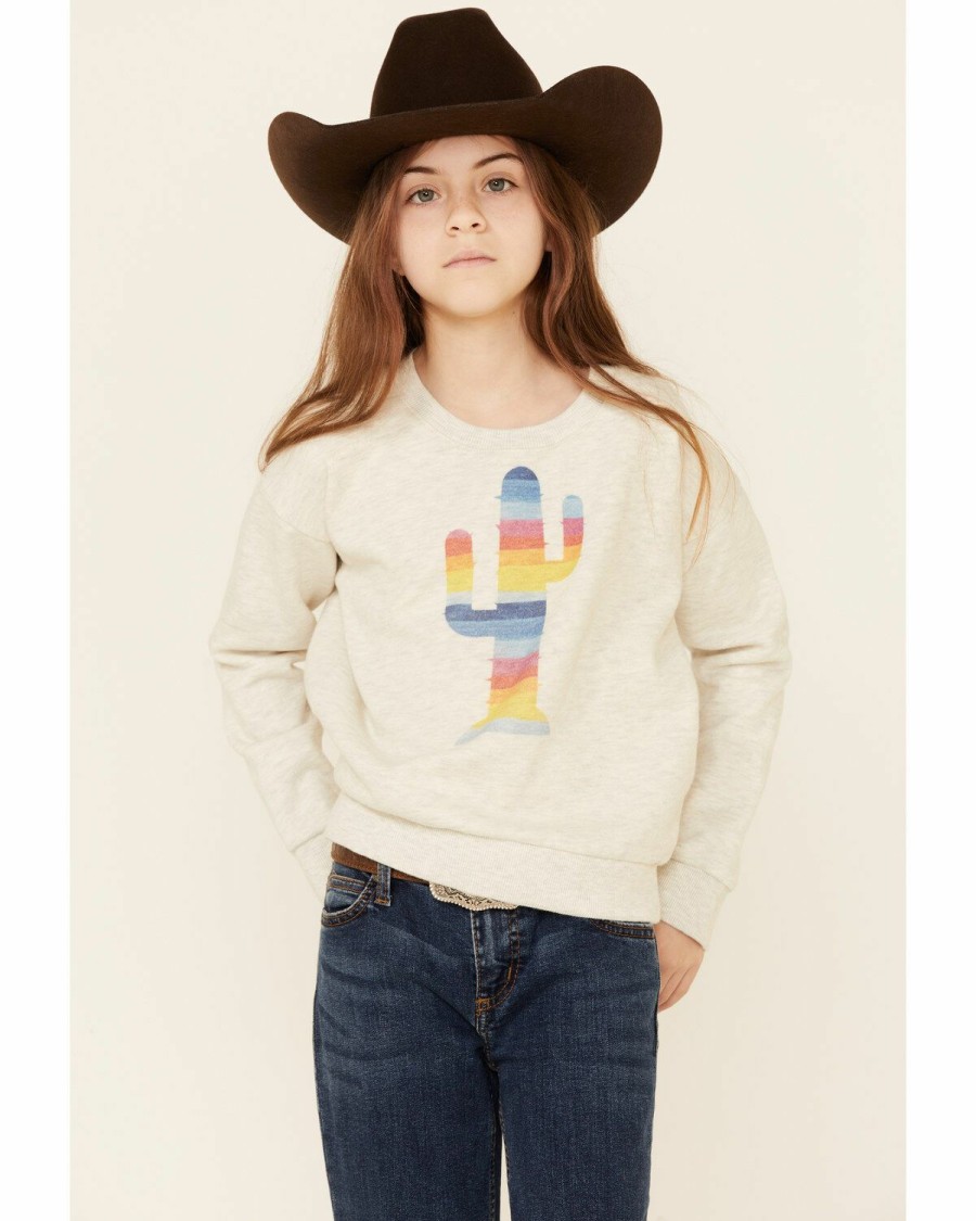 Clothing * | Roper Girls' Cream Rainbow Cactus Graphic Pullover Fleece Sweatshirt Outlet