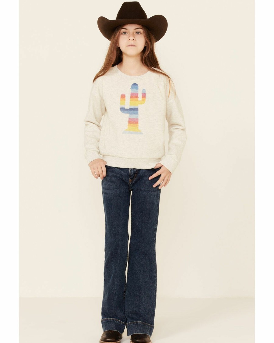 Clothing * | Roper Girls' Cream Rainbow Cactus Graphic Pullover Fleece Sweatshirt Outlet