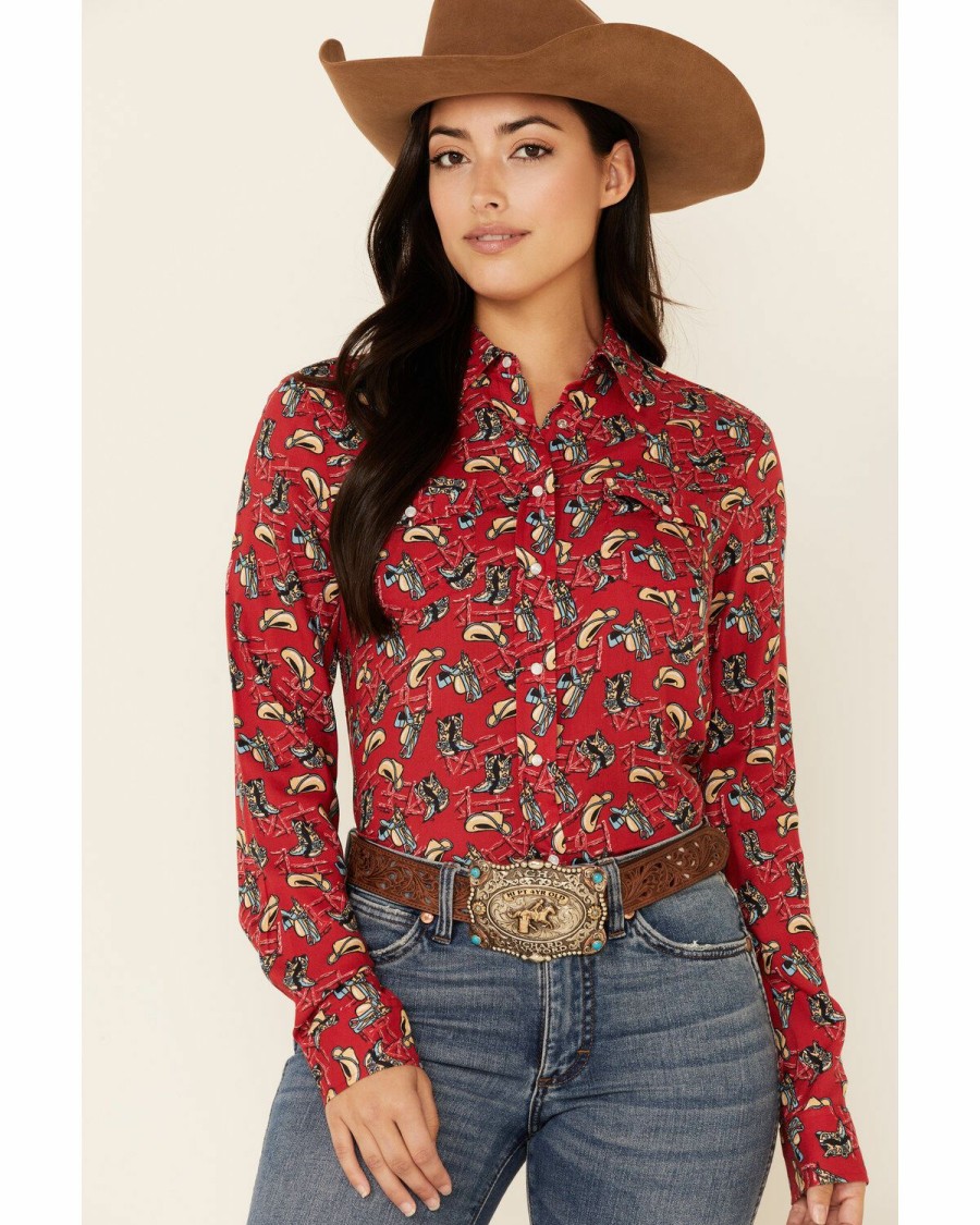 Western Shirt * | Roper Women'S Red Boot Print Long Sleeve Snap Western Shirt Limited Edition