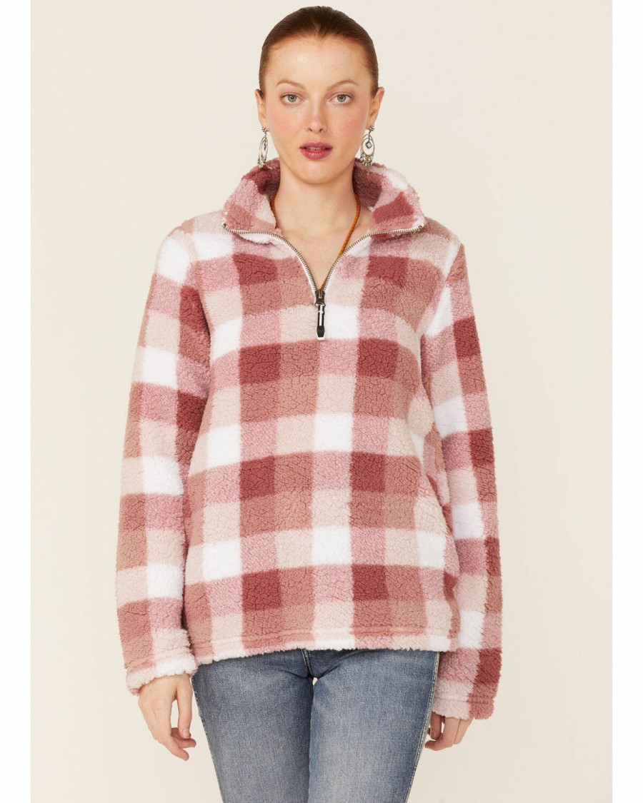 Clothing * | Roper Women'S Pink Buffalo Plaid Polar Fleece Pullover Outlet