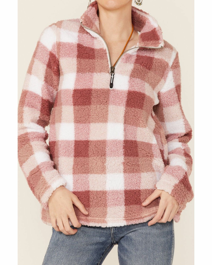 Clothing * | Roper Women'S Pink Buffalo Plaid Polar Fleece Pullover Outlet