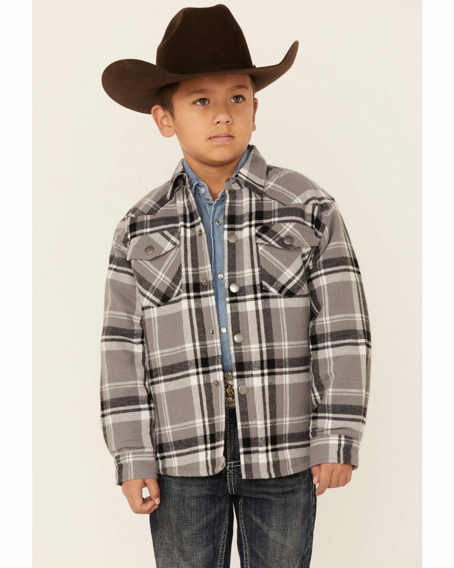 Clothing * | Roper Boys' Grey & Black Plaid Long Sleeve Snap Western Flannel Shirt Jacket Sale