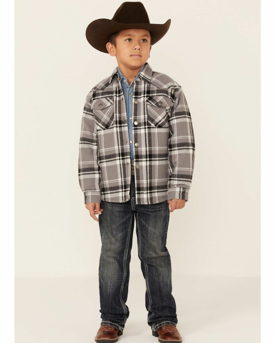 Clothing * | Roper Boys' Grey & Black Plaid Long Sleeve Snap Western Flannel Shirt Jacket Sale