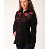 Western Shirt * | Old West Women'S Black Rose Embroidered Long Sleeve Western Shirt Roper Sale