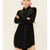 Clothing * | Roper Women'S Black Long Sleeve Floral Embroidered Snap Shirt Dress Discount