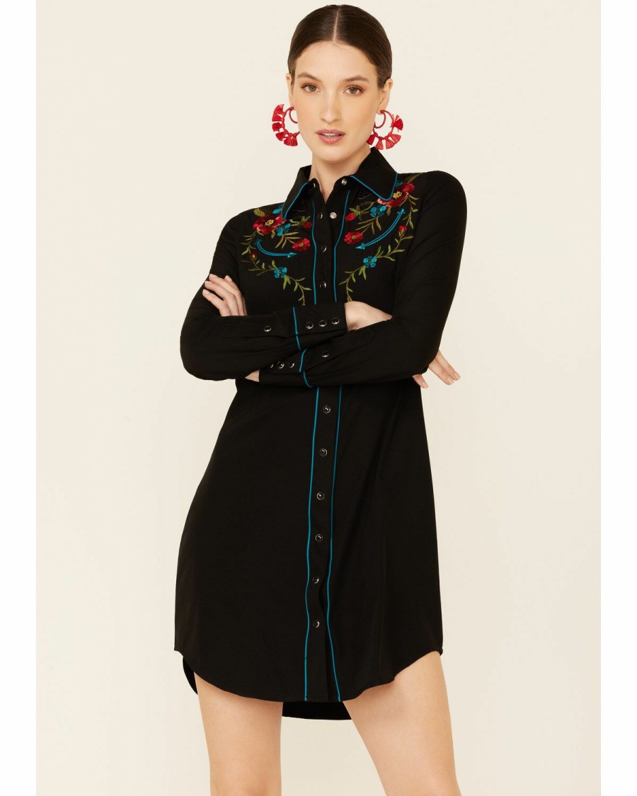 Clothing * | Roper Women'S Black Long Sleeve Floral Embroidered Snap Shirt Dress Discount